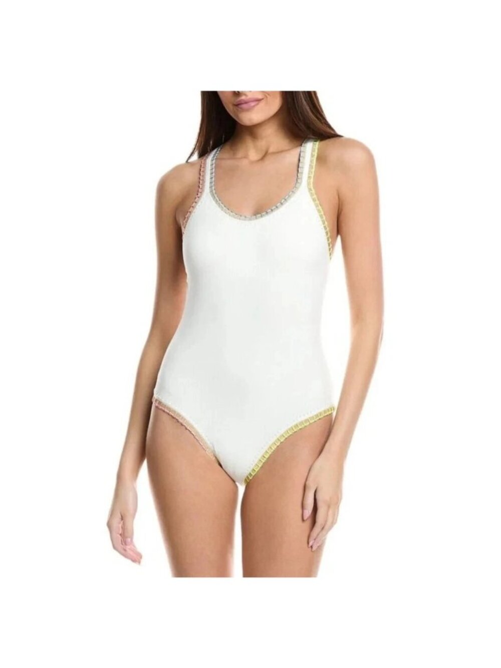 NWT Ferrarini X PQ Crochet Trim One Piece Swimsuit White Rib Multi Size Medium